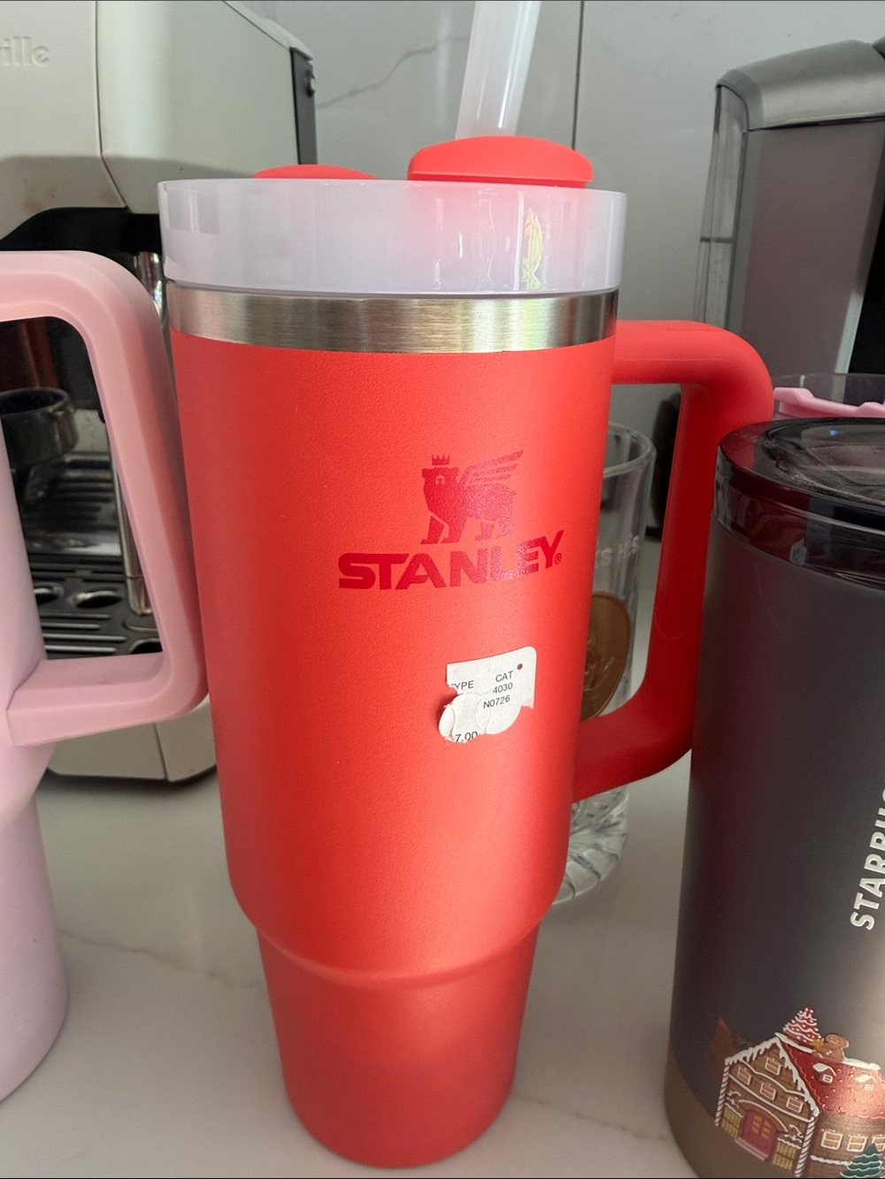 Stanley Coral-Red Insulated Travel Tumbler with Handle and Straw-Ready Lid